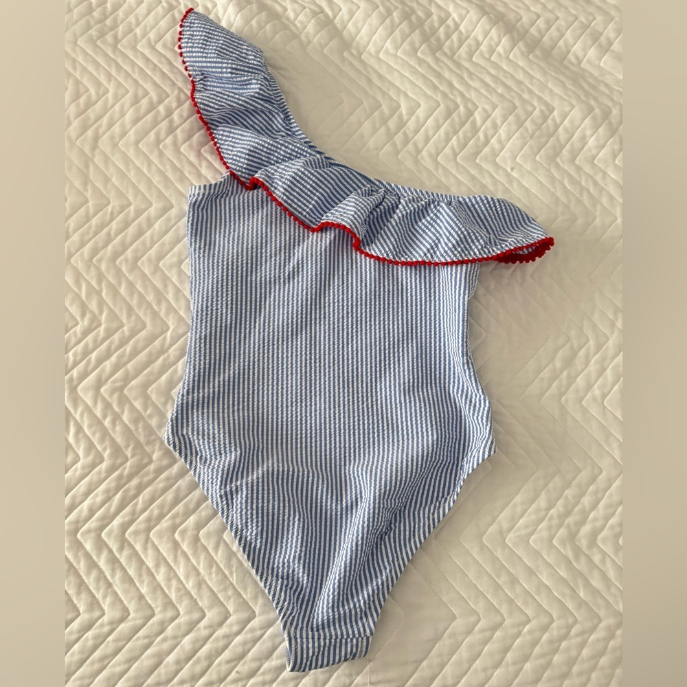 J. Crew One Shoulder Ruffle Swimsuit Seersucker Pom Trim Blue White Red - Picture 2 of 12